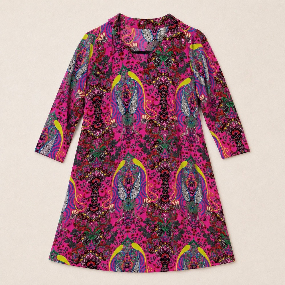 True Vtg 70s Pink Psychedelic Paisley Boho‎ Floral Tunic Dress Flower Hippie S
